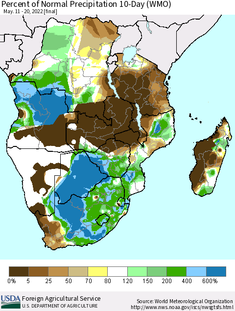 Southern Africa Percent of Normal Precipitation 10-Day (WMO) Thematic Map For 5/11/2022 - 5/20/2022