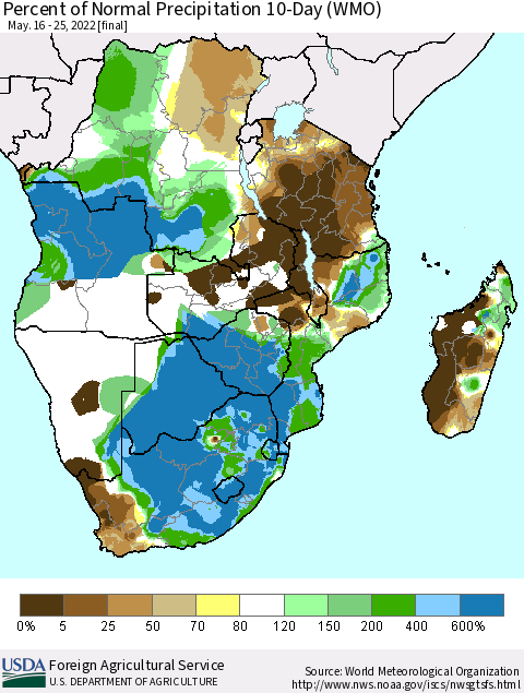 Southern Africa Percent of Normal Precipitation 10-Day (WMO) Thematic Map For 5/16/2022 - 5/25/2022