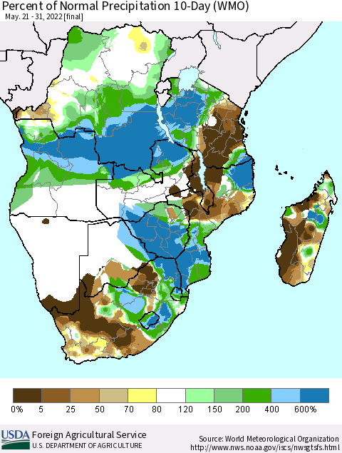 Southern Africa Percent of Normal Precipitation 10-Day (WMO) Thematic Map For 5/21/2022 - 5/31/2022