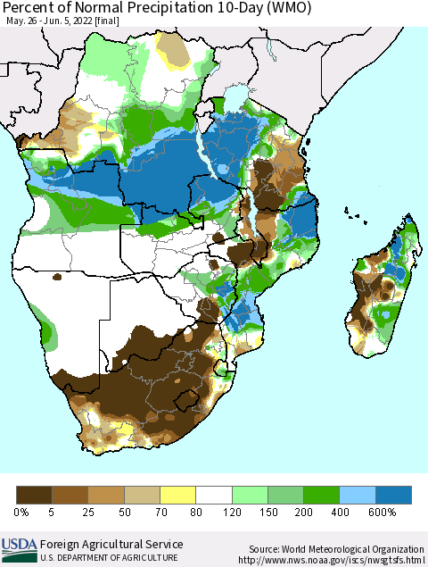 Southern Africa Percent of Normal Precipitation 10-Day (WMO) Thematic Map For 5/26/2022 - 6/5/2022