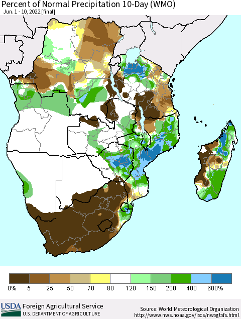 Southern Africa Percent of Normal Precipitation 10-Day (WMO) Thematic Map For 6/1/2022 - 6/10/2022