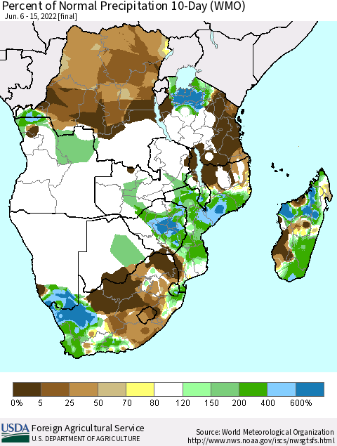Southern Africa Percent of Normal Precipitation 10-Day (WMO) Thematic Map For 6/6/2022 - 6/15/2022