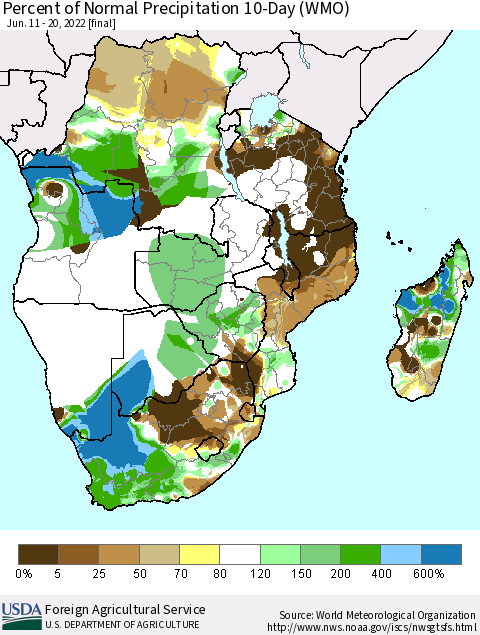 Southern Africa Percent of Normal Precipitation 10-Day (WMO) Thematic Map For 6/11/2022 - 6/20/2022