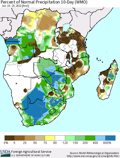 Southern Africa Percent of Normal Precipitation 10-Day (WMO) Thematic Map For 6/16/2022 - 6/25/2022