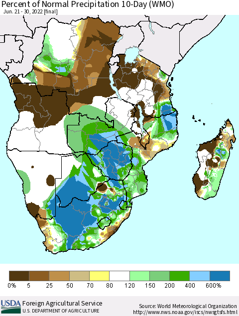Southern Africa Percent of Normal Precipitation 10-Day (WMO) Thematic Map For 6/21/2022 - 6/30/2022