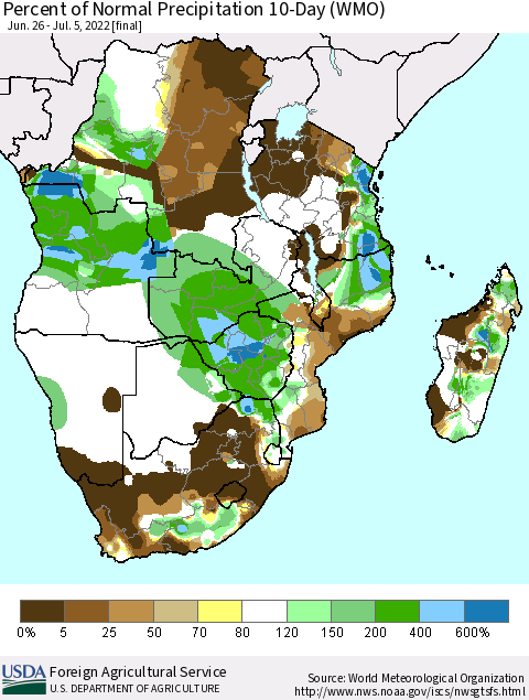 Southern Africa Percent of Normal Precipitation 10-Day (WMO) Thematic Map For 6/26/2022 - 7/5/2022