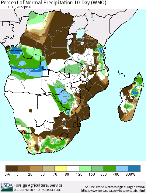 Southern Africa Percent of Normal Precipitation 10-Day (WMO) Thematic Map For 7/1/2022 - 7/10/2022