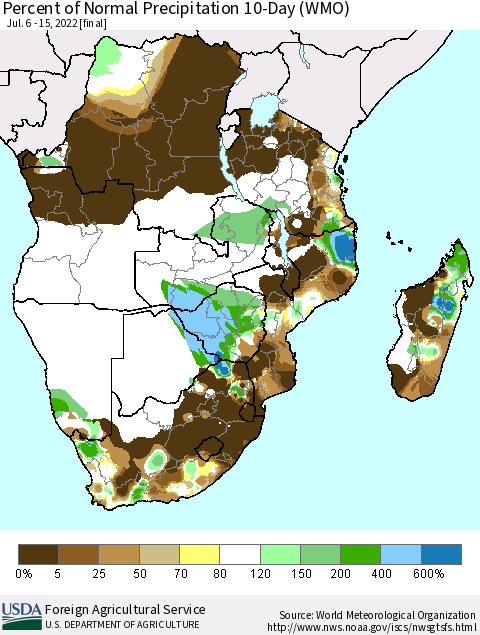 Southern Africa Percent of Normal Precipitation 10-Day (WMO) Thematic Map For 7/6/2022 - 7/15/2022