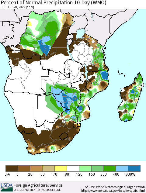 Southern Africa Percent of Normal Precipitation 10-Day (WMO) Thematic Map For 7/11/2022 - 7/20/2022