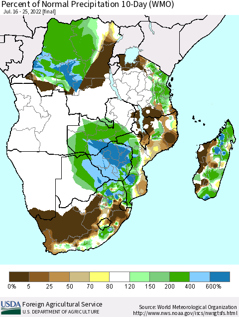 Southern Africa Percent of Normal Precipitation 10-Day (WMO) Thematic Map For 7/16/2022 - 7/25/2022