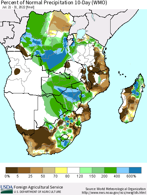 Southern Africa Percent of Normal Precipitation 10-Day (WMO) Thematic Map For 7/21/2022 - 7/31/2022