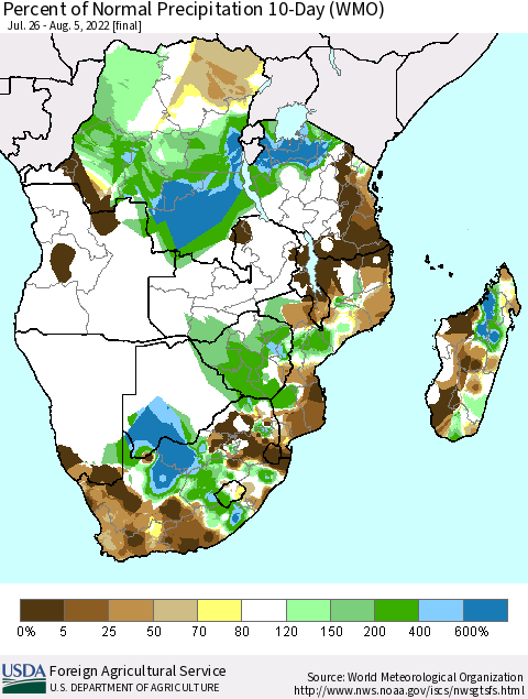 Southern Africa Percent of Normal Precipitation 10-Day (WMO) Thematic Map For 7/26/2022 - 8/5/2022