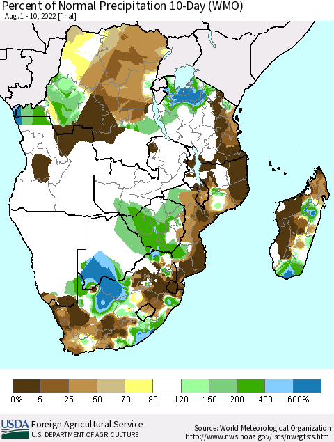 Southern Africa Percent of Normal Precipitation 10-Day (WMO) Thematic Map For 8/1/2022 - 8/10/2022
