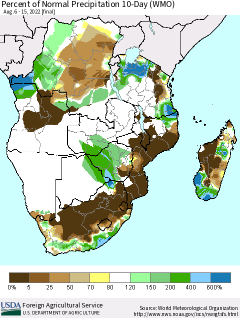 Southern Africa Percent of Normal Precipitation 10-Day (WMO) Thematic Map For 8/6/2022 - 8/15/2022