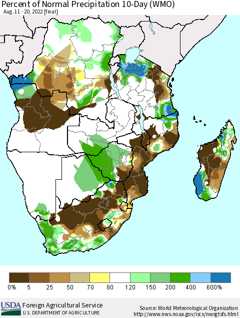 Southern Africa Percent of Normal Precipitation 10-Day (WMO) Thematic Map For 8/11/2022 - 8/20/2022
