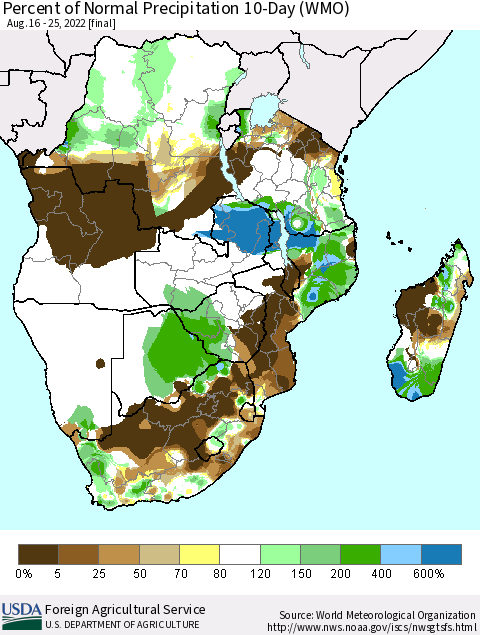 Southern Africa Percent of Normal Precipitation 10-Day (WMO) Thematic Map For 8/16/2022 - 8/25/2022