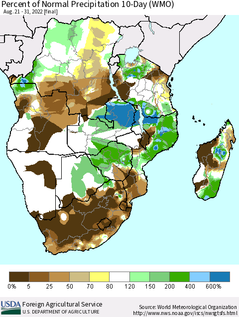 Southern Africa Percent of Normal Precipitation 10-Day (WMO) Thematic Map For 8/21/2022 - 8/31/2022