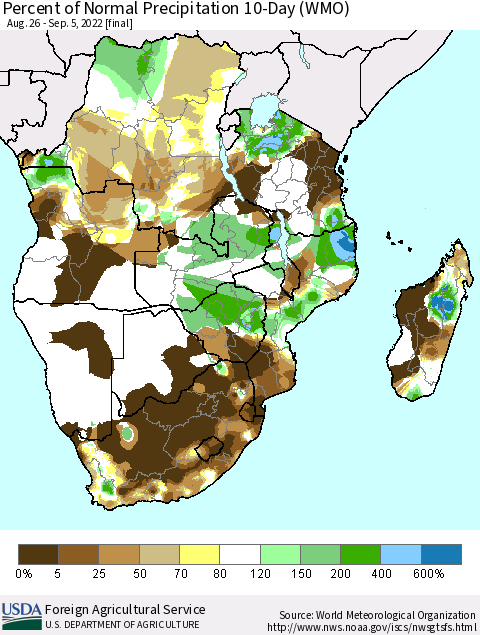 Southern Africa Percent of Normal Precipitation 10-Day (WMO) Thematic Map For 8/26/2022 - 9/5/2022