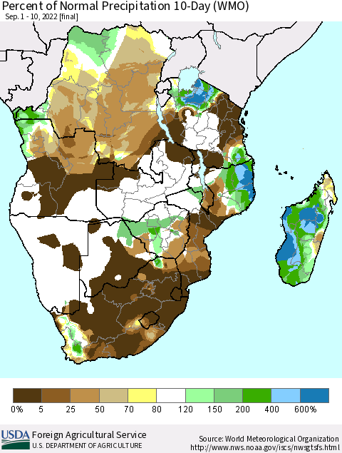Southern Africa Percent of Normal Precipitation 10-Day (WMO) Thematic Map For 9/1/2022 - 9/10/2022