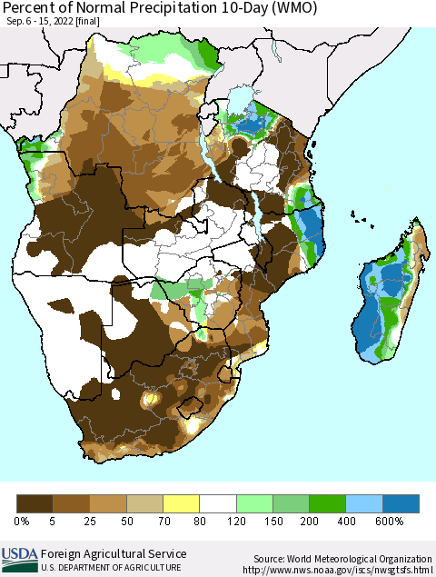 Southern Africa Percent of Normal Precipitation 10-Day (WMO) Thematic Map For 9/6/2022 - 9/15/2022