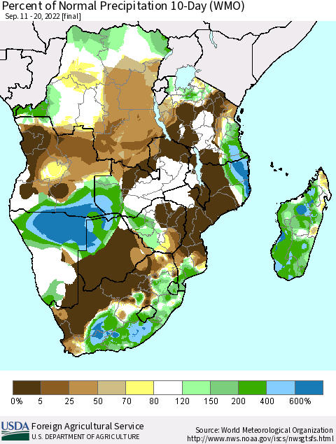 Southern Africa Percent of Normal Precipitation 10-Day (WMO) Thematic Map For 9/11/2022 - 9/20/2022