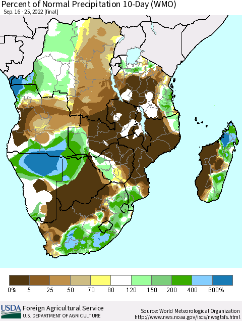 Southern Africa Percent of Normal Precipitation 10-Day (WMO) Thematic Map For 9/16/2022 - 9/25/2022