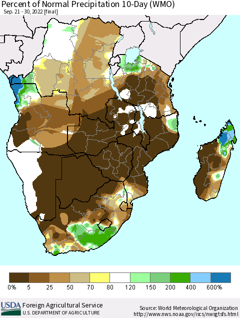 Southern Africa Percent of Normal Precipitation 10-Day (WMO) Thematic Map For 9/21/2022 - 9/30/2022