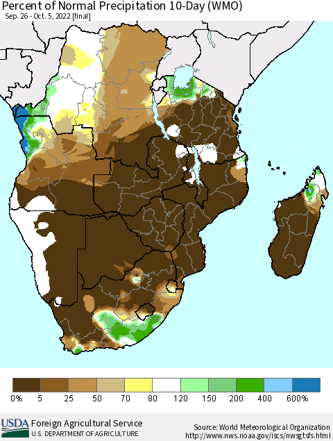 Southern Africa Percent of Normal Precipitation 10-Day (WMO) Thematic Map For 9/26/2022 - 10/5/2022