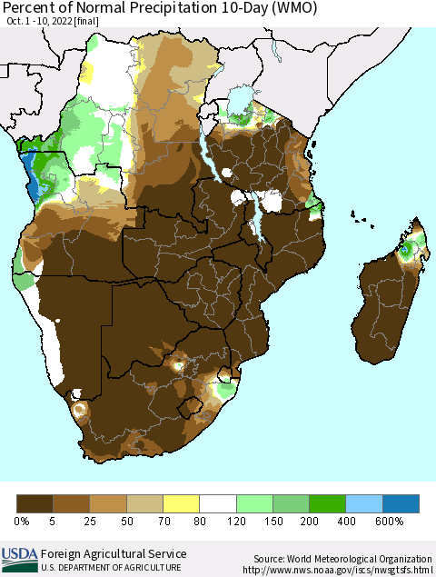 Southern Africa Percent of Normal Precipitation 10-Day (WMO) Thematic Map For 10/1/2022 - 10/10/2022