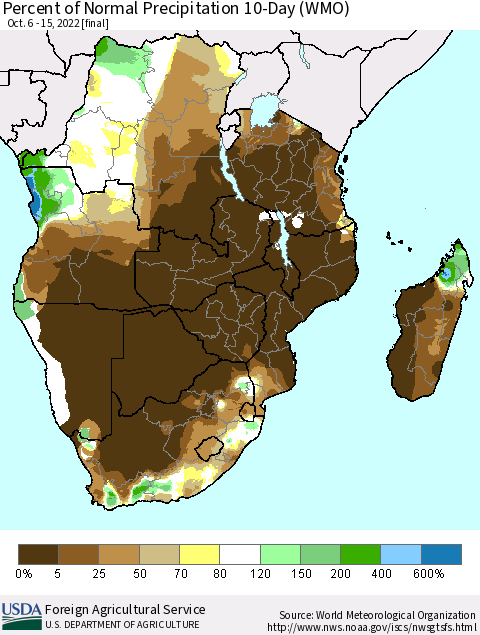 Southern Africa Percent of Normal Precipitation 10-Day (WMO) Thematic Map For 10/6/2022 - 10/15/2022
