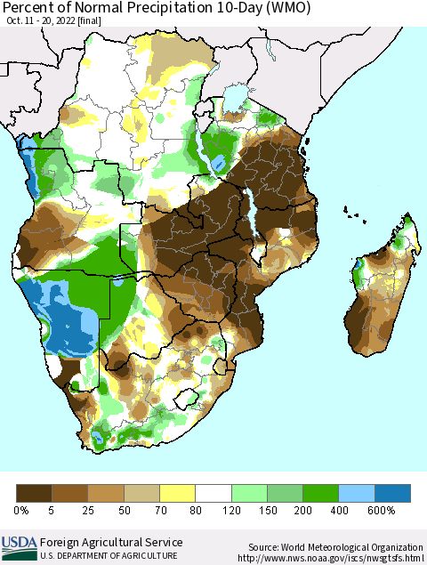 Southern Africa Percent of Normal Precipitation 10-Day (WMO) Thematic Map For 10/11/2022 - 10/20/2022