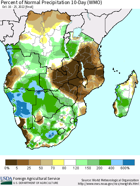 Southern Africa Percent of Normal Precipitation 10-Day (WMO) Thematic Map For 10/16/2022 - 10/25/2022