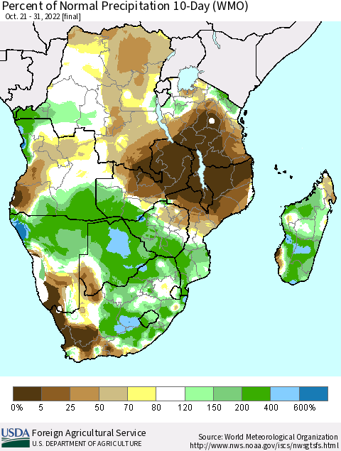 Southern Africa Percent of Normal Precipitation 10-Day (WMO) Thematic Map For 10/21/2022 - 10/31/2022