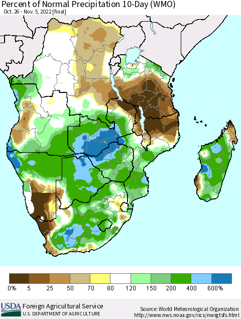 Southern Africa Percent of Normal Precipitation 10-Day (WMO) Thematic Map For 10/26/2022 - 11/5/2022