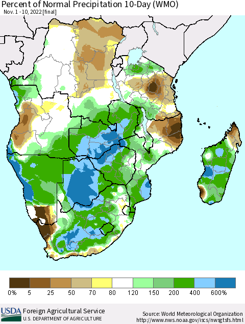 Southern Africa Percent of Normal Precipitation 10-Day (WMO) Thematic Map For 11/1/2022 - 11/10/2022