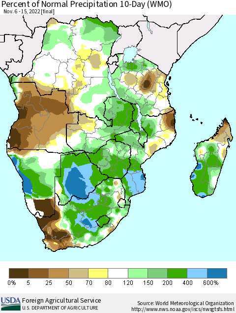 Southern Africa Percent of Normal Precipitation 10-Day (WMO) Thematic Map For 11/6/2022 - 11/15/2022