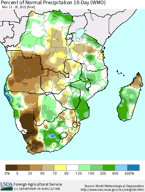 Southern Africa Percent of Normal Precipitation 10-Day (WMO) Thematic Map For 11/11/2022 - 11/20/2022