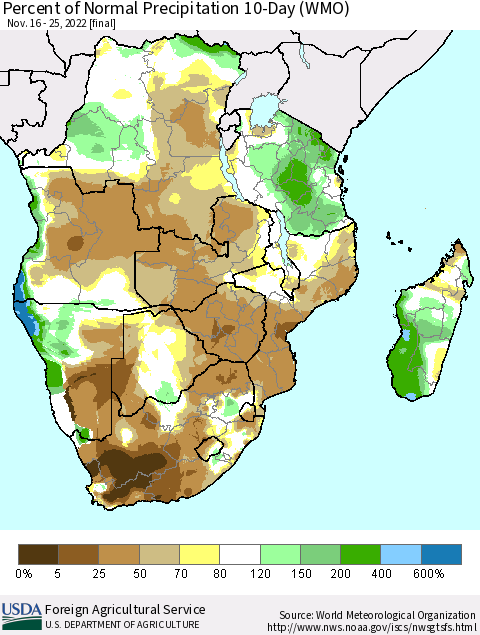 Southern Africa Percent of Normal Precipitation 10-Day (WMO) Thematic Map For 11/16/2022 - 11/25/2022