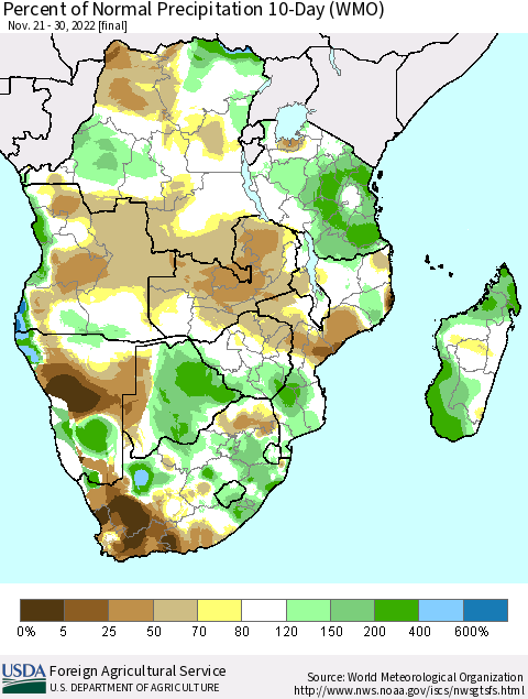 Southern Africa Percent of Normal Precipitation 10-Day (WMO) Thematic Map For 11/21/2022 - 11/30/2022