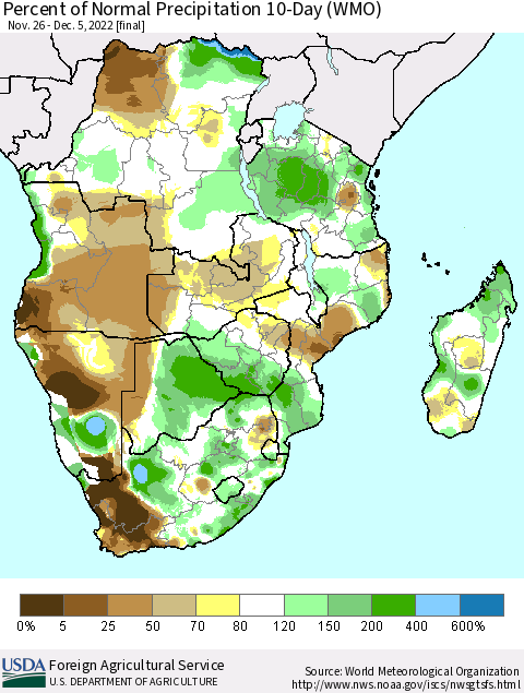 Southern Africa Percent of Normal Precipitation 10-Day (WMO) Thematic Map For 11/26/2022 - 12/5/2022