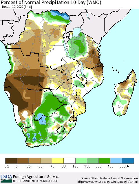 Southern Africa Percent of Normal Precipitation 10-Day (WMO) Thematic Map For 12/1/2022 - 12/10/2022