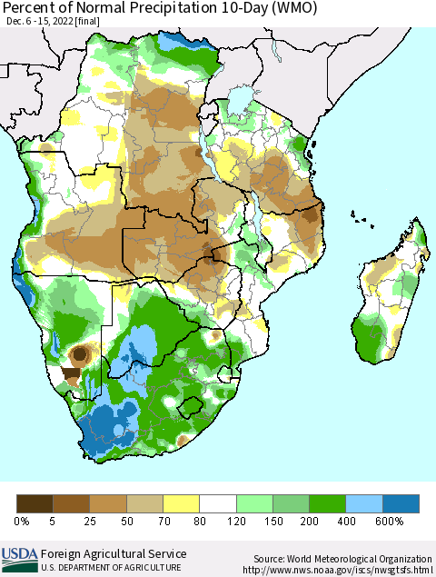 Southern Africa Percent of Normal Precipitation 10-Day (WMO) Thematic Map For 12/6/2022 - 12/15/2022