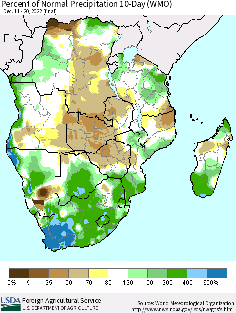 Southern Africa Percent of Normal Precipitation 10-Day (WMO) Thematic Map For 12/11/2022 - 12/20/2022