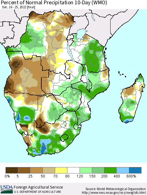 Southern Africa Percent of Normal Precipitation 10-Day (WMO) Thematic Map For 12/16/2022 - 12/25/2022