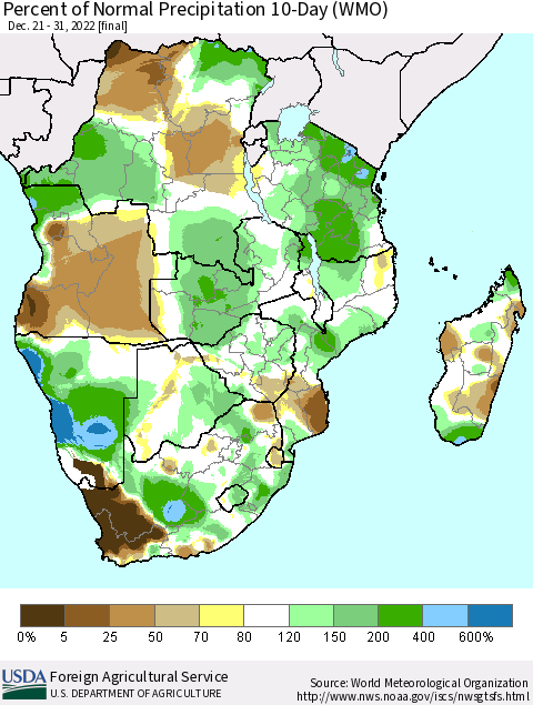 Southern Africa Percent of Normal Precipitation 10-Day (WMO) Thematic Map For 12/21/2022 - 12/31/2022