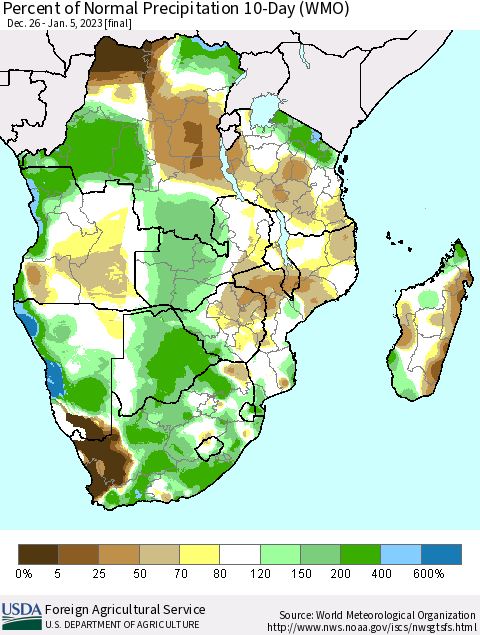 Southern Africa Percent of Normal Precipitation 10-Day (WMO) Thematic Map For 12/26/2022 - 1/5/2023