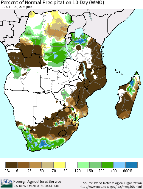 Southern Africa Percent of Normal Precipitation 10-Day (WMO) Thematic Map For 6/11/2023 - 6/20/2023