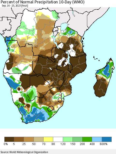 Southern Africa Percent of Normal Precipitation 10-Day (WMO) Thematic Map For 9/16/2023 - 9/25/2023