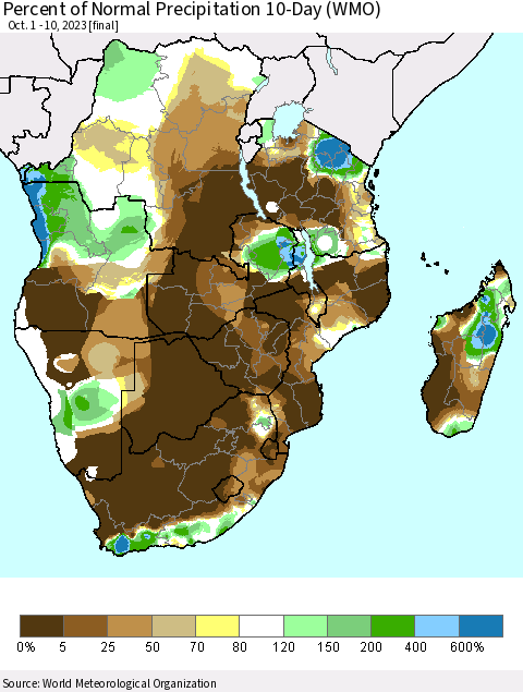 Southern Africa Percent of Normal Precipitation 10-Day (WMO) Thematic Map For 10/1/2023 - 10/10/2023