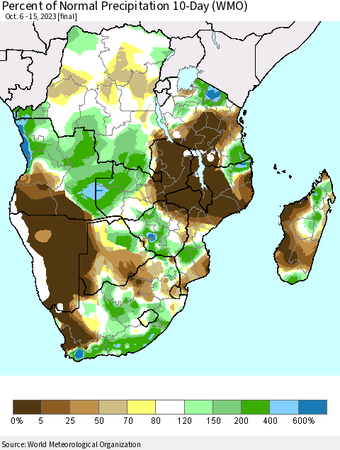 Southern Africa Percent of Normal Precipitation 10-Day (WMO) Thematic Map For 10/6/2023 - 10/15/2023